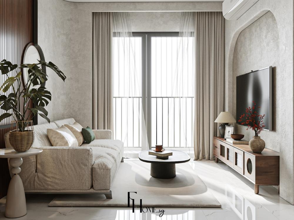 Phòng khách được thiết kế với cửa sổ lớn, tận dụng tối đa ánh sáng tự nhiên