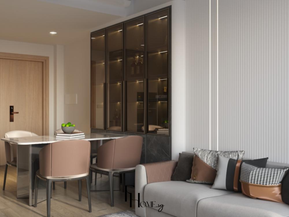 Phòng khách hiện đại căn hộ 100m² với sofa da sáng màu liên thông phòng bếp