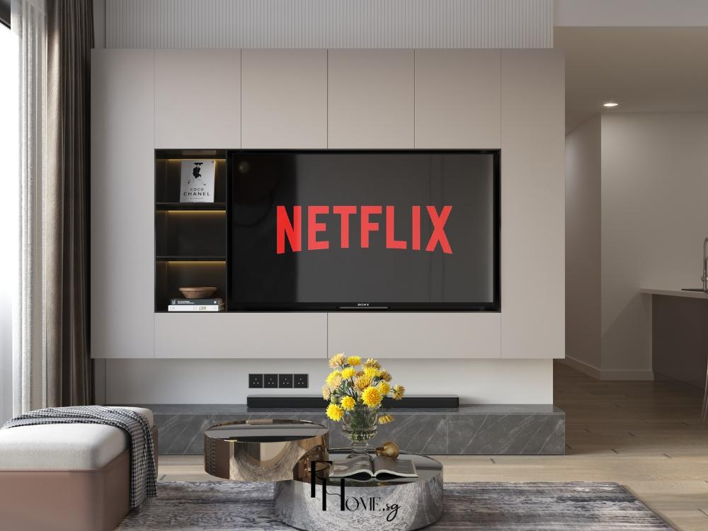 Phòng khách hiện đại chung cư 2 phòng ngủ vơi thiết kế TV âm tường