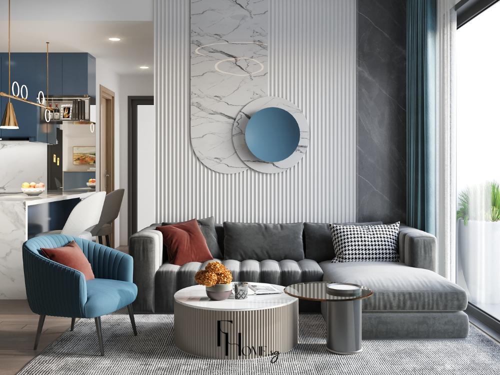 Phòng khách hiện đại được phối hợp hài hòa với khu vực khác trong nhà, giữ vững sự đồng nhất về chất liệu, ánh sáng và bố cục tổng thể