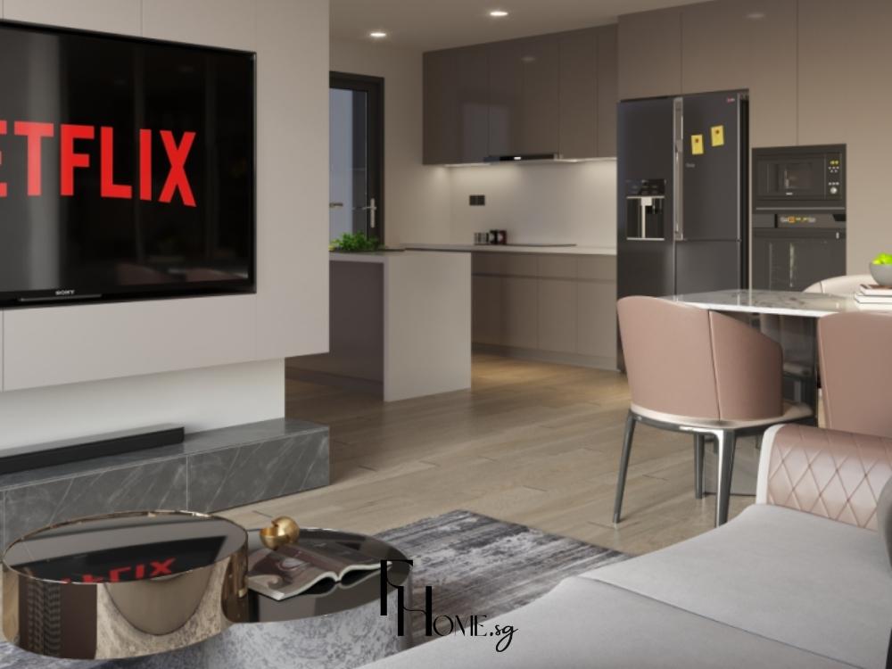 Phòng khách hiện đại liên thông với phòng bếp