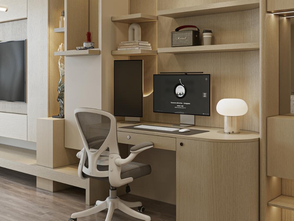 Phòng khách hiện đại phong cách tối giản, bố cục linh hoạt với ánh sáng tự nhiên và nội thất gọn gàng