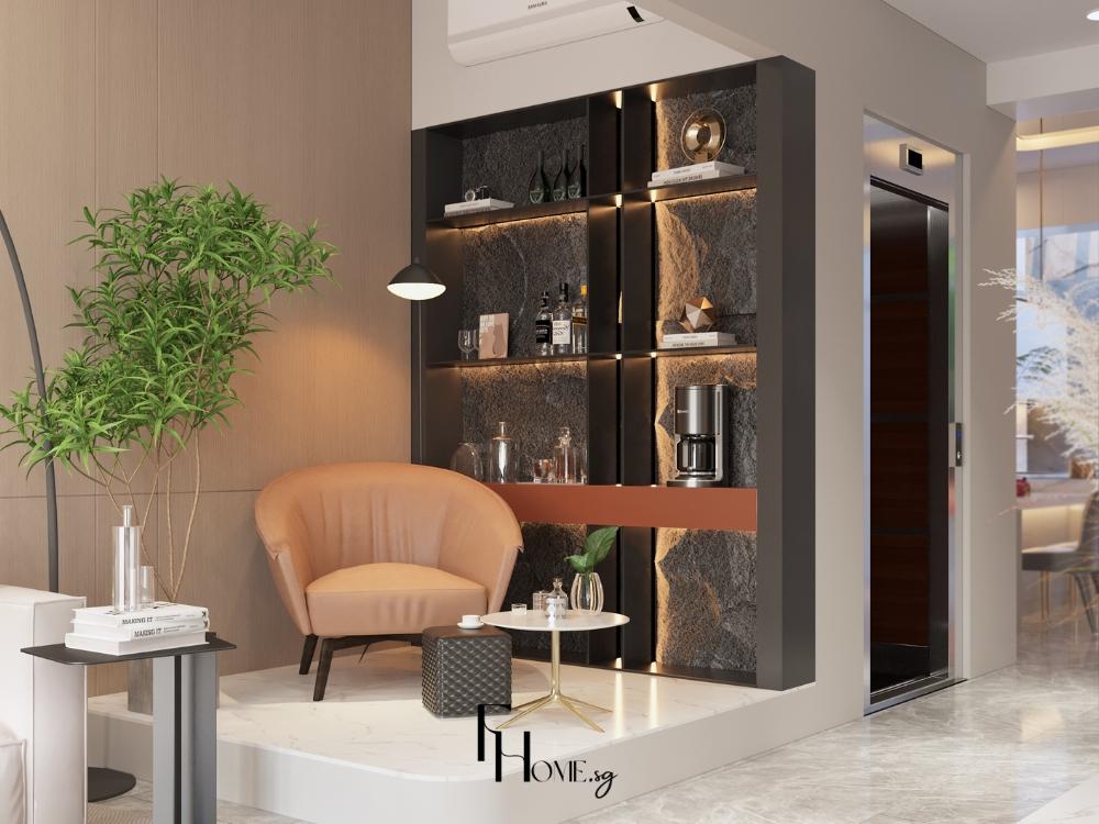 Phòng khách hiện đại phong cách tối giản, nội thất thanh mảnh và gam màu trung tính tạo cảm giác rộng rãi