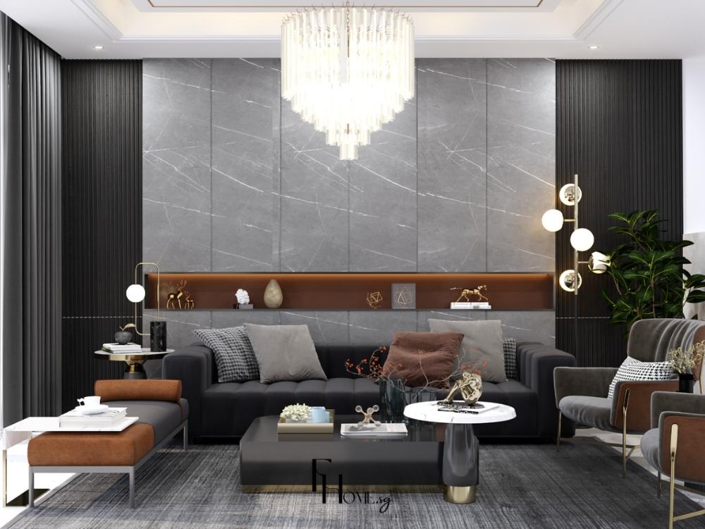 Phòng khách hiện đại với đường nét tinh gọn, tông màu trung tính xám - đen và không gian mở