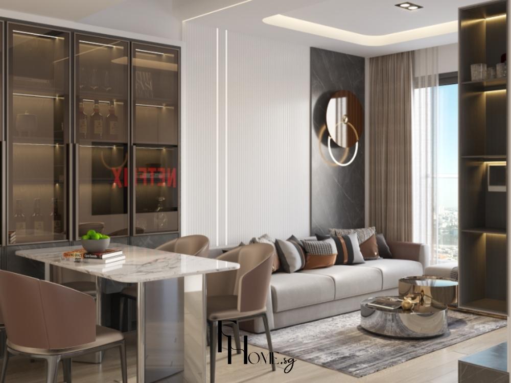 Phòng khách phong cách hiện đại với sofa xám, bàn trà đá marble và kệ tivi gỗ tự nhiên