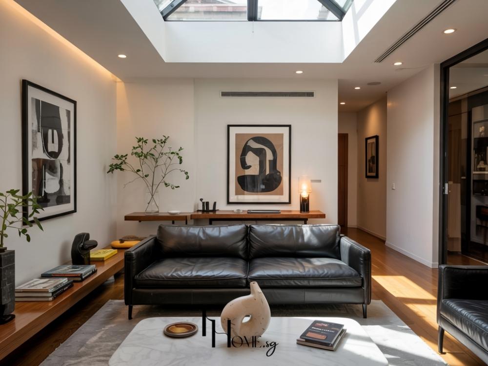 Phòng khách hiện đại với tông đen-trắng-nâu, giếng trời và nội thất tối giản