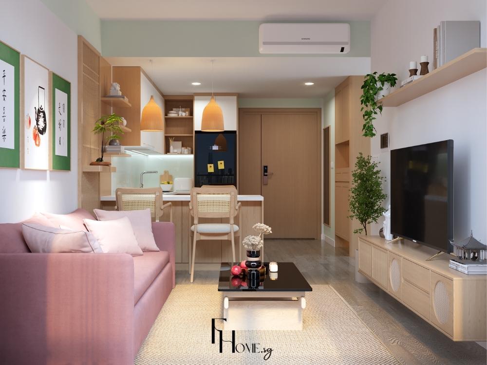 Phòng khách hướng Đông Nam tràn ngập ánh sáng tự nhiên, tạo cảm giác rộng rãi và thoáng đãng