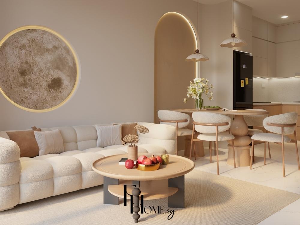 Phòng khách khác mang hơi hướng Organic hiện đại với tường vòm kệ cong tạo hiệu ứng chuyển động tự nhiên