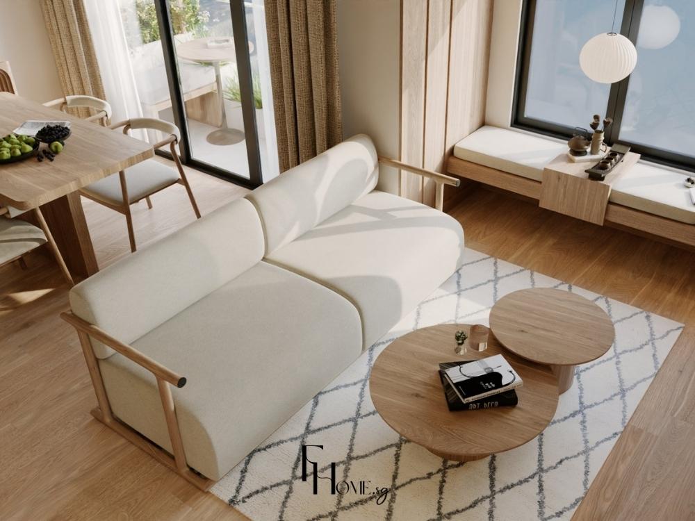 Phòng khách kiểu Nhật diện tích nhỏ với sofa góc gọn gàng và bàn trà gỗ, tạo không gian tiện nghi mà vẫn tinh tế