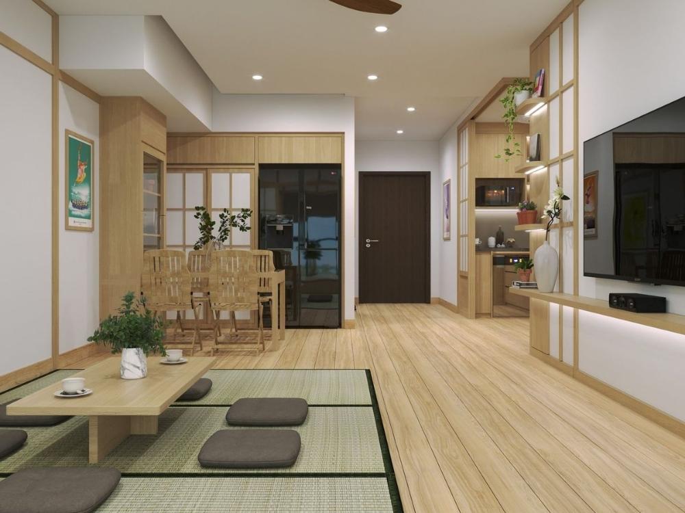 Phòng khách kiểu Nhật với chiếu Tatami truyền thống, bàn trà thấp và đệm ngồi xung quanh