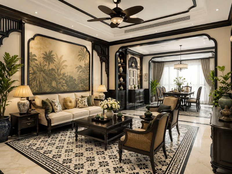 Phòng khách liền bàn ăn theo phong cách thiết kế nội thất chung cư Indochine với nội thất gỗ tối màu, tranh tường nhiệt đới và gạch bông họa tiết