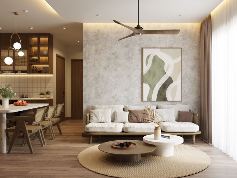 Phòng khách liền bếp chung cư 105m2 phong cách Rustic, sử dụng nhiều chất liệu gỗ