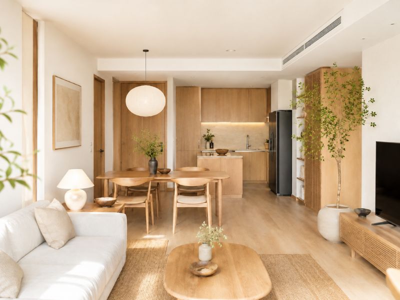 Phòng khách liền bếp theo phong cách thiết kế nội thất chung cư Japandi với sofa sáng màu, bàn ăn gỗ và tủ bếp vân gỗ tối giản
