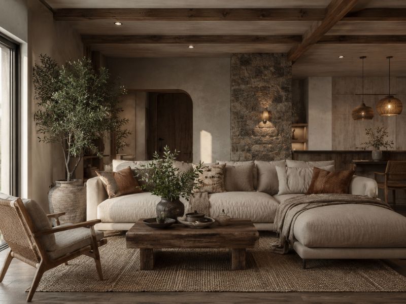 Phòng khách liền bếp theo phong cách thiết kế nội thất chung cư Rustic với sofa vải lớn, bàn trà gỗ thô, trần dầm gỗ và tường đá tự nhiên