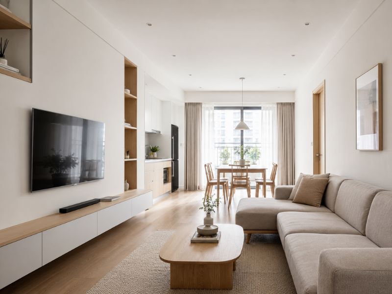 Phòng khách liền bếp theo phong cách thiết kế nội thất chung cư tối giản với sofa màu be, kệ tivi treo và bàn ăn gỗ nhỏ gọn