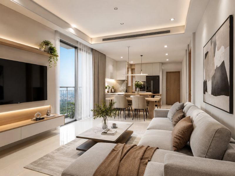 Phòng khách liền bếp theo phong cách thiết kế nội thất chung cư hiện đại với sofa màu trung tính, kệ tivi treo và cửa kính lớn
