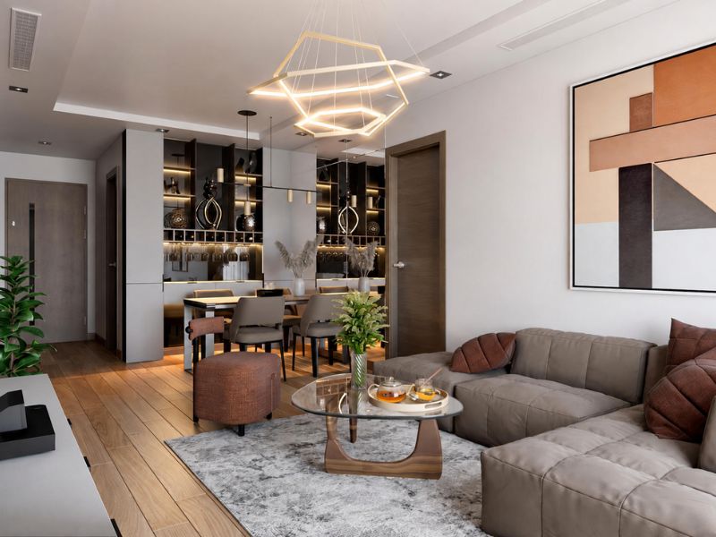 Phòng khách liền khu ăn chung cư 105m² hiện đại với sofa chữ L