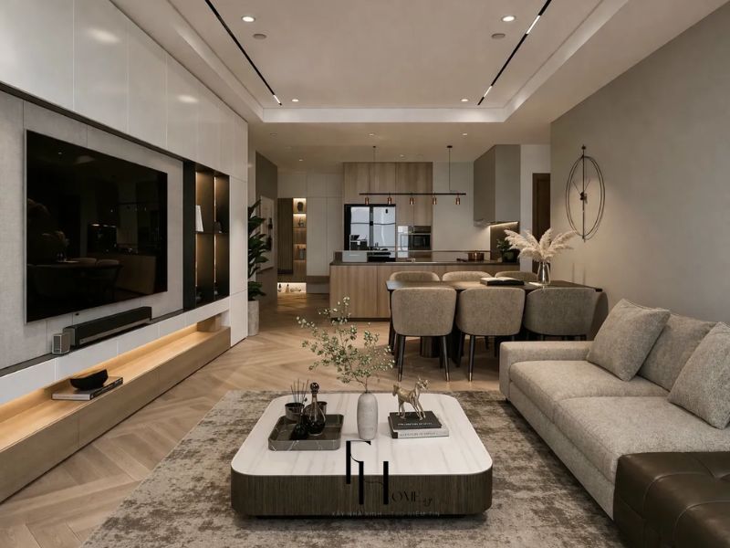 Phòng khách liên thông bếp chung cư 100m2 2 phòng ngủ sofa vải xám bàn trà marble trắng tủ TV vải LED track light đen và bàn ăn 6 ghế bouclé