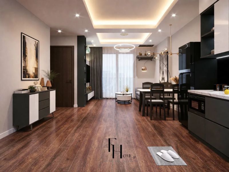 Phòng khách liên thông bếp chung cư 100m2 lựa chọn nội thất đa chức năng tủ sideboard đen trắng đa năng bàn trà tròn trắng bàn ăn 6 ghế gỗ đen và hệ đèn LED viền trần