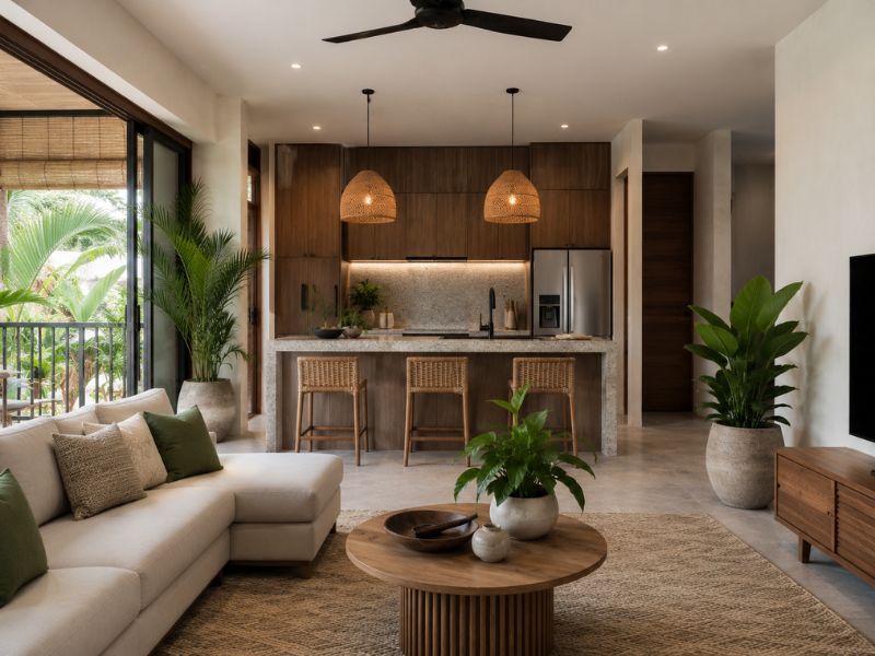 Phòng khách liên thông bếp thiết kế nội thất phong cách Tropical với tủ gỗ, đèn mây tre và cây xanh