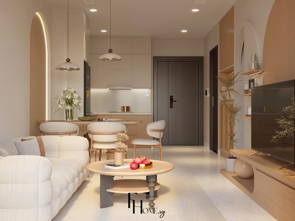 Phòng khách liên thông bếp với phong cách wabi sabi