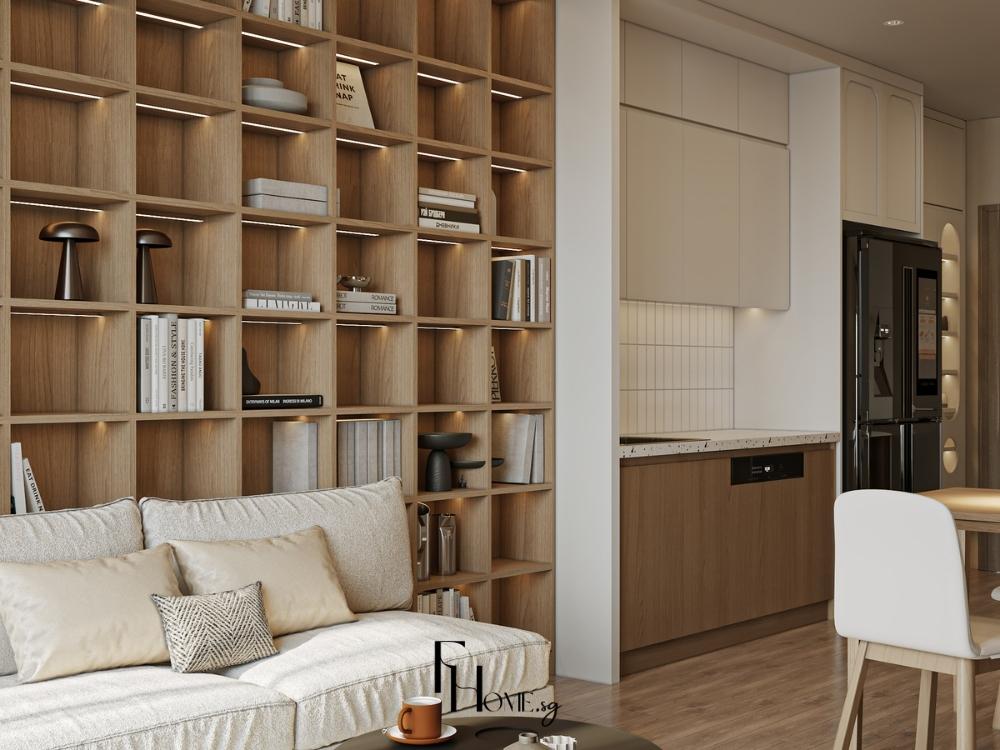 Phòng khách liên thông bếp với tông màu tông màu trầm ấm