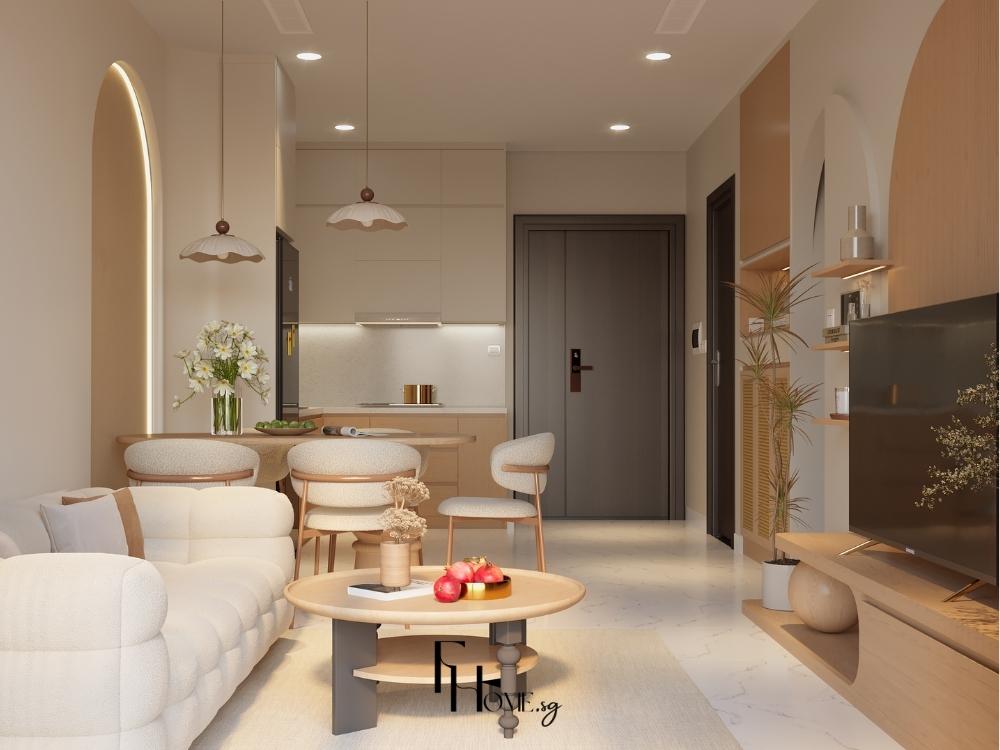 Phòng khách mang sắc màu tự nhiên ấm áp với tông nâu gỗ, be đất và điểm nhấn xanh lá, kết hợp nội thất mây tre