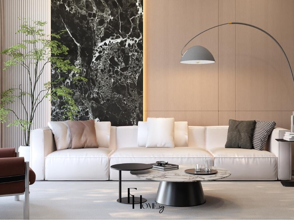 Phòng khách nhà phố 2 tầng với sofa hiện đại, bàn trà gỗ và kệ TV đơn giản, tận dụng ánh sáng tự nhiên và đèn LED âm trần