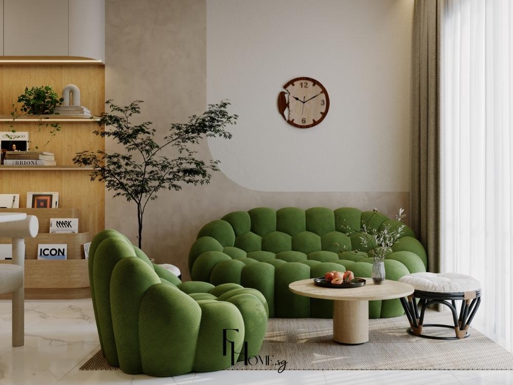 Phòng khách nhà phố 2 tầng với sofa hiện đại màu xanh