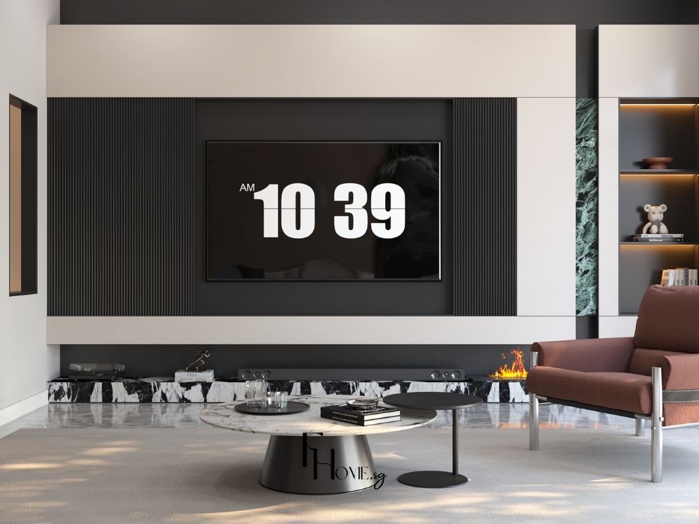 Phòng khách nhà phố 3×6m thiết kế với TV treo tường