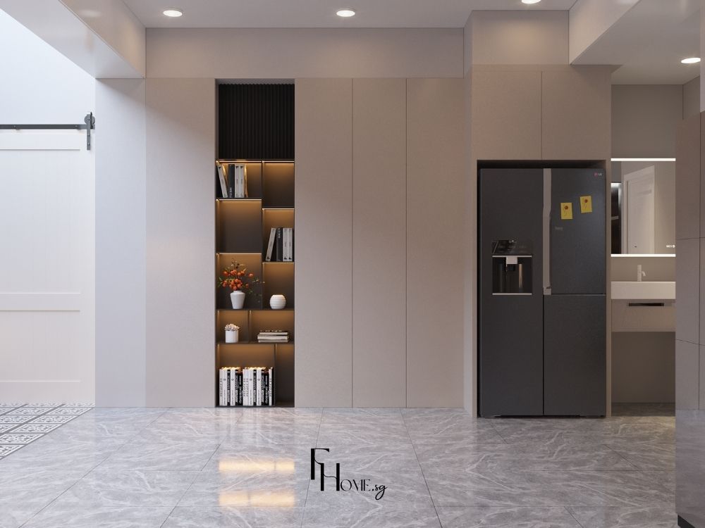 Phòng khách nhà phố 3×6m thiết kế với tủ âm tường tối ưu