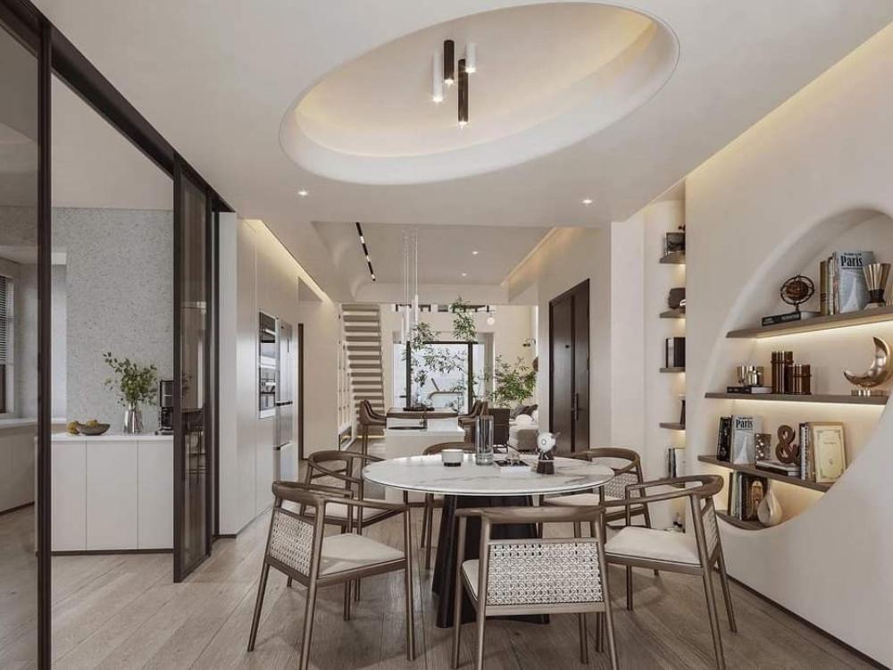 Phòng khách nhà phố 4 tầng diện tích 100–500m², thiết kế hiện đại với nội thất cao cấp, không gian mở liên thông phòng bếp, sử dụng vách ngăn CNC tinh tế.