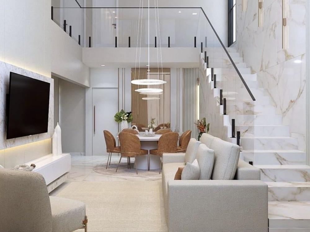 Phòng khách nhà phố 4 tầng diện tích dưới 100m² liên thông phòng bếp