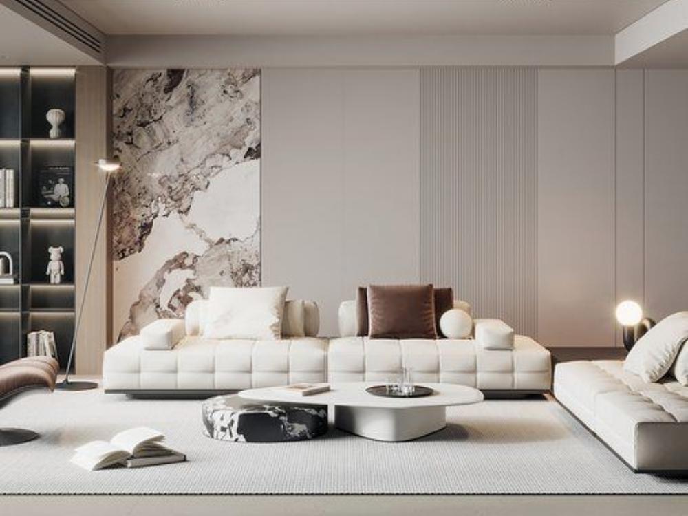 Phòng khách nhà phố 4 tầng diện tích trên 500m², thiết kế sang trọng với sofa lớn, đá marble ốp tường, đèn chùm pha lê