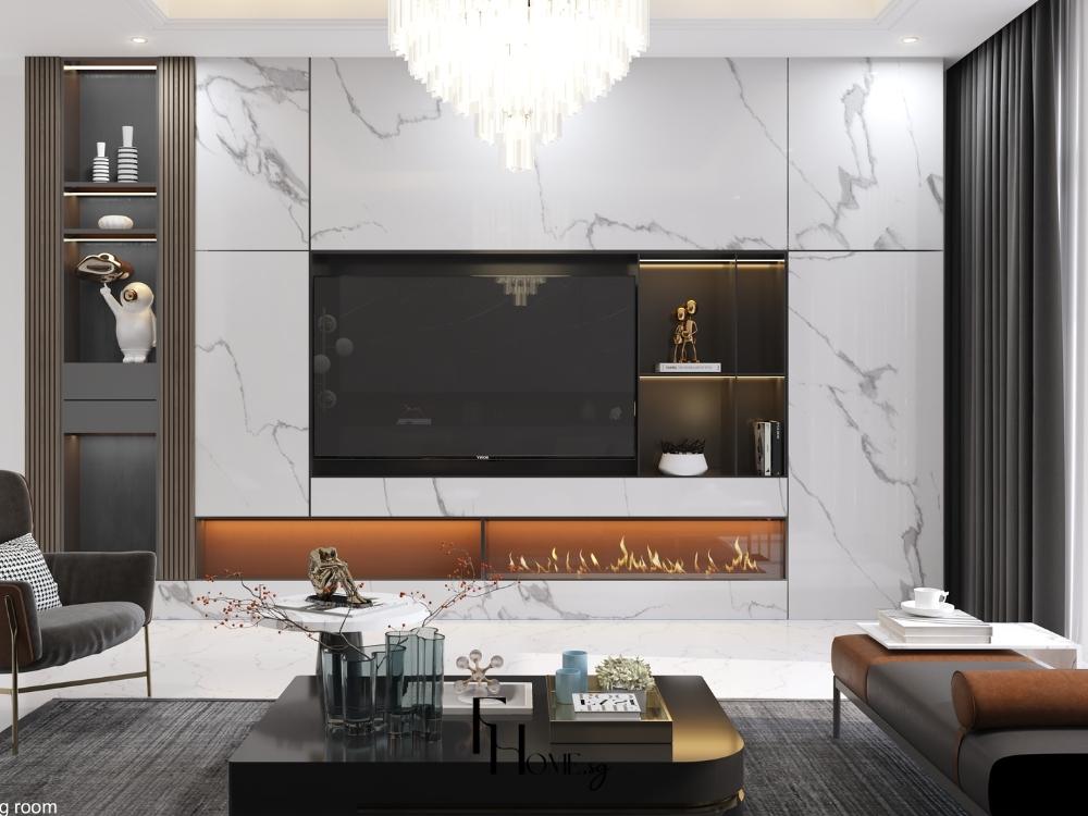 Phòng khách nhà phố 4 tầng phong cách Hiện đại, sử dụng tông màu trắng – xám – đen