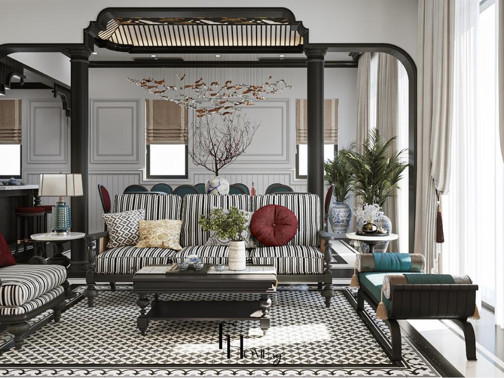 Phòng khách nhà phố 4 tầng phong cách Hiện đại, thiết kế tối giản với sofa vải xám