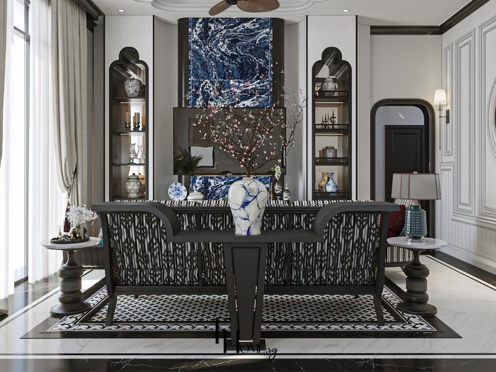 Phòng khách nhà phố 4 tầng phong cách Indochine, thiết kế với gạch bông hoa văn cổ, sofa gỗ mây tre, quạt trần cổ điển và ánh sáng vàng