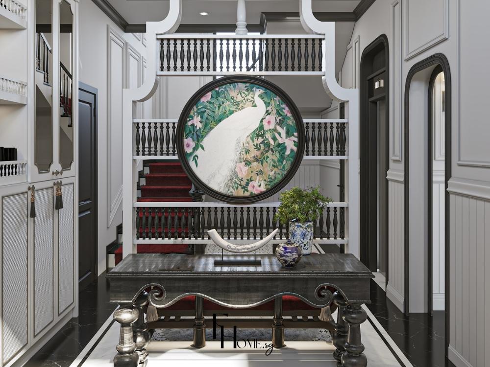 Phòng khách nhà phố 4 tầng phong cách Indochine, thiết kế với gạch bông hoa văn cổ