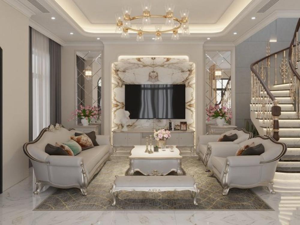 Phòng khách nhà phố 4 tầng phong cách Japandi với tông mài trắng chủ đạo