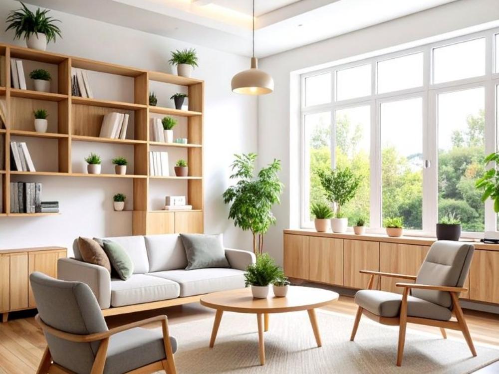 Phòng khách nhà phố 4 tầng phong cách Scandinavian với bộ ghế vải tông màu xám hài hoà