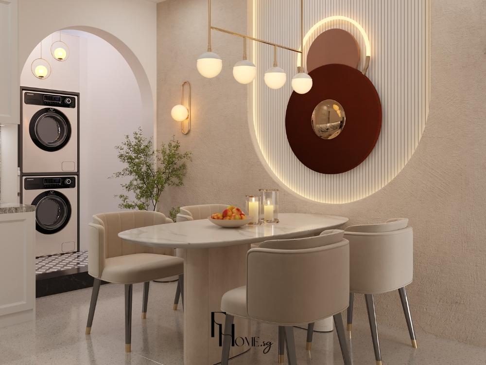 Phòng khách nhà phố 4 tầng phong cách Wabi Sabi, sử dụng nội thất gỗ tự nhiên, tường xi măng trần và ánh sáng tự nhiên nhẹ nhàng