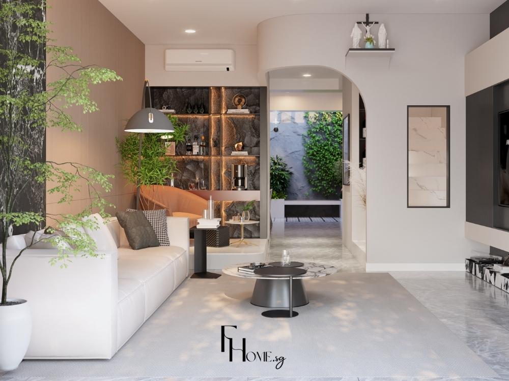 Phòng khách nhà phố 4 tầng, sofa góc màu xám, bàn trà tròn, kệ tivi nhỏ gọn