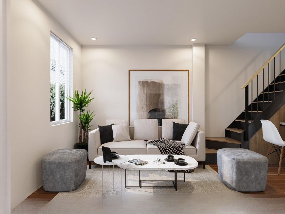 Phòng khách nhà phố 45m² thiết kế hiện đại với sofa góc đa năng có thể mở thành giường