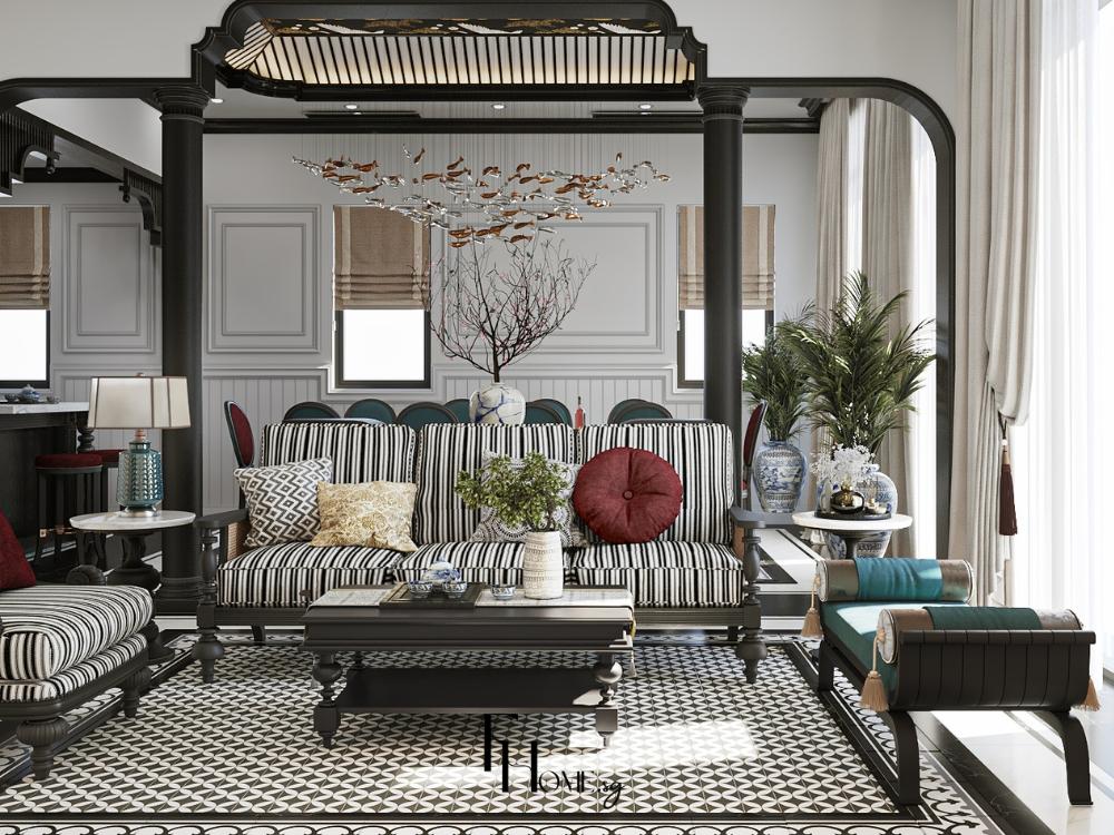 Phòng khách nhà phố 4x14m với sofa văng gọn gàng, bàn trà tròn nhỏ và kệ tivi treo tường