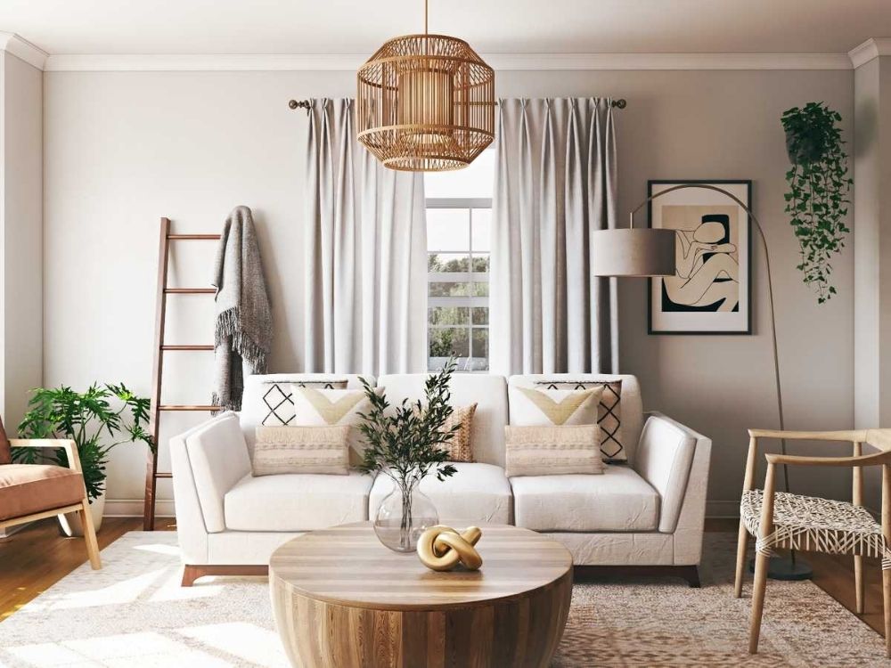 Phòng khách nhà phố 4×4m thiết kế Scandinavian với sofa góc nhỏ tường trắng kết hợp gỗ sáng