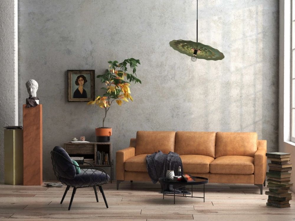 Phòng khách nhà phố 50m² phong cách công nghiệp với sofa da thật khung thép