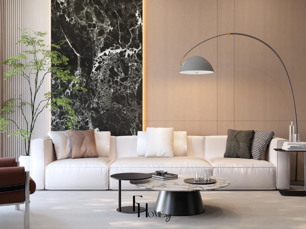 Phòng khách nhà phố 5x20m sử dụng nội thất đa năng, kích thước nhỏ gọn như sofa văng và bàn trà thông minh, tối ưu hóa không gian.