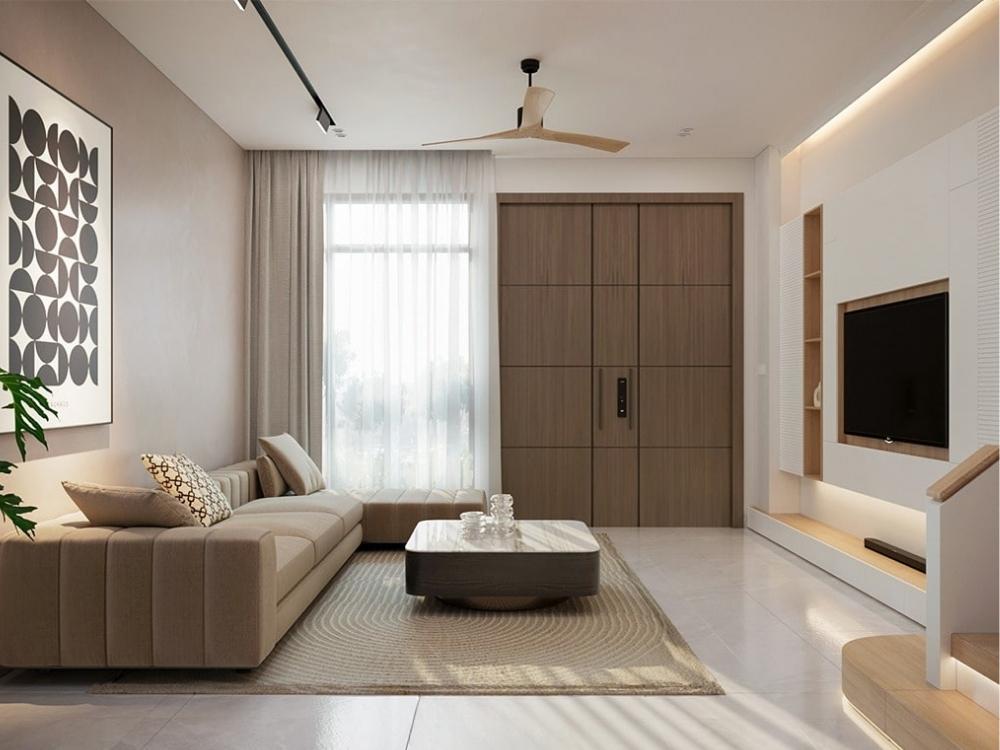 Phòng khách nhà phố 65m² rộng rãi, kết hợp tủ âm tường và nội thất thanh mảnh