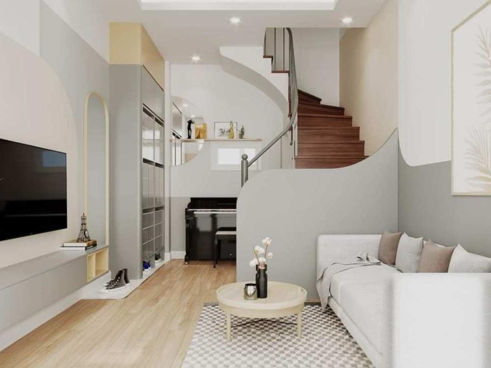 Phòng khách nhà phố 90m² 2 tầng bố trí liên thông với bếp, tạo không gian sinh hoạt chung mở, ấm cúng và thông thoáng