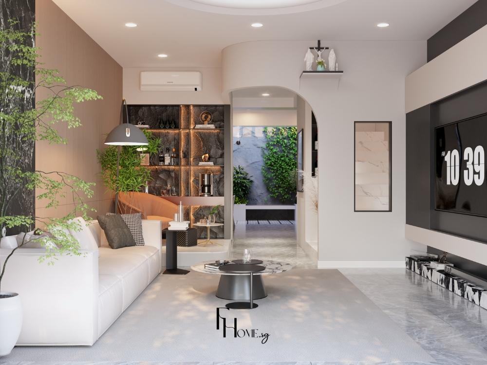 Phòng khách nhà phố 90m² phong cách Hiện đại nhìn từ góc view khách, thể hiện nội thất tối giản, bố trí hợp lý